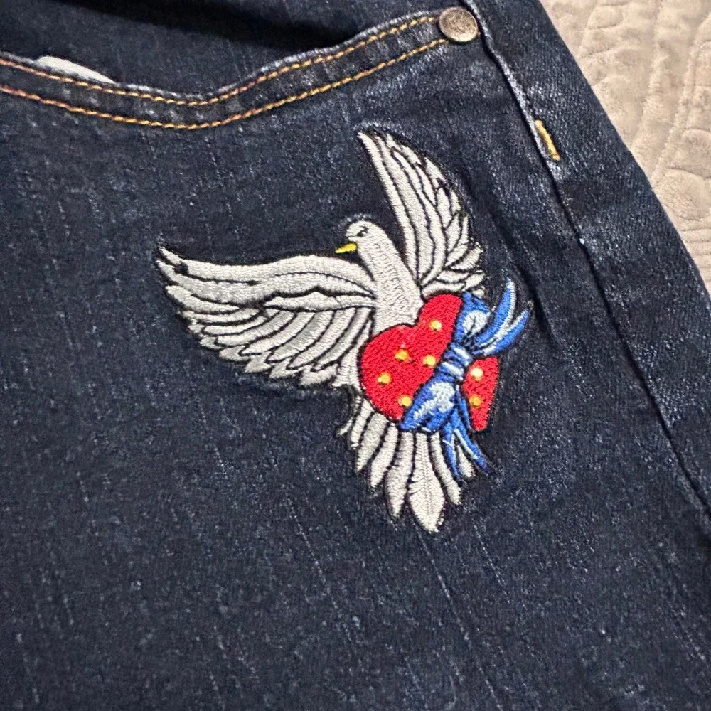 Paco Jeans Mens Dark Wash Embroidered Dove Heart Streetwear Straight Leg Jeans